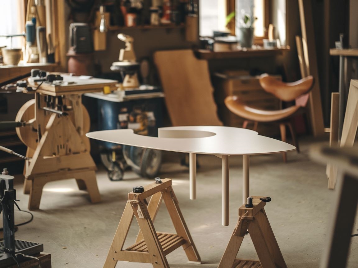 Warsztat stolarski z materiałami do budowy stolika